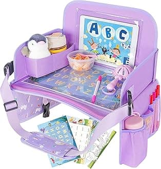MENZOKE Kids Travel Tray, Purple Rectangular Car Seat Tray with Educational Drawing Board, Tablet Holder & Cooler Cup Holder, Fun, Kid-friendly Style, Holiday Gifts for Kids Car Trip