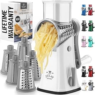 Zulay Kitchen Rotary Cheese Grater 5 Blade Cheese Shredder - Manual Hand Crank Cheese Grater With Reinforced Suction & 5 Interchangeable Drums - Easy to Use, Vegetable Chopper Round Mandoline Slicer