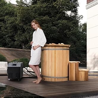 Cold Plunge Tub with 1HP Chiller, 2 Person Red Cedar Ice Bath Tub, 500L, Cooling and Heating, Stainless Steel Base,with WiFi/Ozone UV/Circulation Pump/Bucket Cover/Wooden Stool (37-107 ℉)