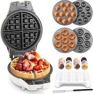 3 in 1 Thick Belgian Waffle Maker with Removable Plates, 8" Non Stick Belgian Waffle Iron Removable Plates, Mini Donut Maker Machine, Cake Pop Maker Machine Set with Tools, White