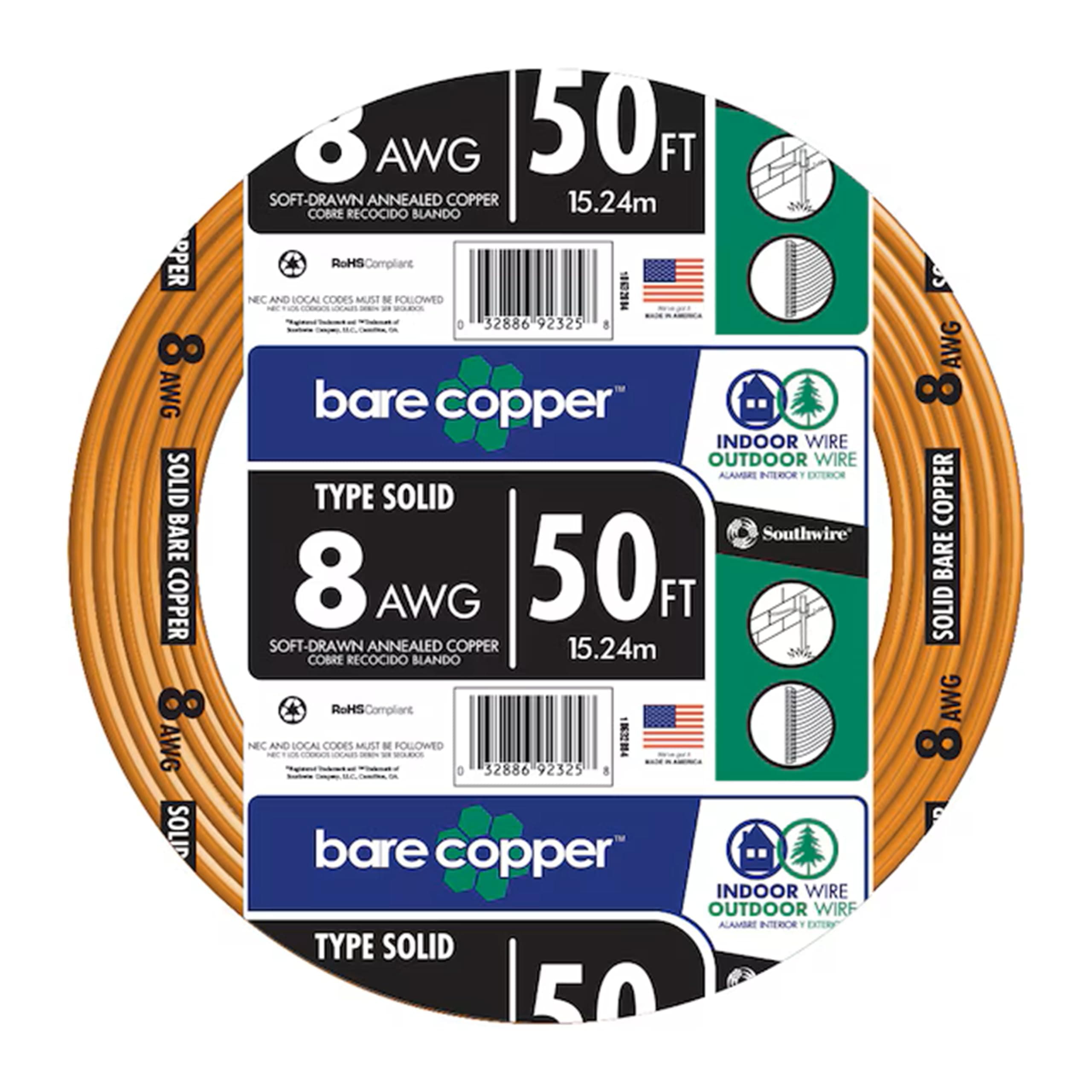 Southwire 8-Gauge Bare Copper Wire – Solid Soft‑Drawn Uninsulated Copper Conductor for Grounding & Electrical Applications, 50ft