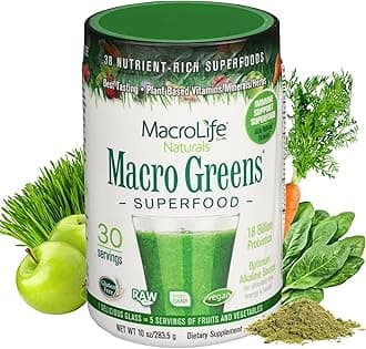 - Macro Greens Superfood Powder – 38 Superfoods with Probiotics, Digestive Enzymes & Adaptogens | Non GMO, Vegan, Gluten Free | 18B CFU | 10 oz (30 Servings)
