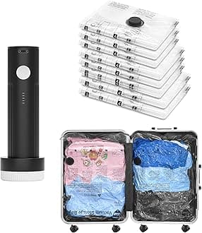 Vacuum Bags for Travel with Rechargeable Pump, 8 Combo (2L/3M/3S) Compression Packing Seal Bags for Luggage Suitcase, Space Saver for Clothing and Clothes Storage Travel