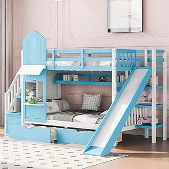 Twin-Over-Twin Bunk Beds Castle Style Bunk Bed with 2 Drawers 3 Shelves and Slide - Blue
