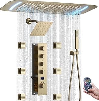 Brushed Gold Shower Faucet Set 16X26 inch Luxury Shower System with Body Jets, with Handheld Spray and 8 inch Wall Mount Shower Head, Digital Temperature Display 4 Function Shower