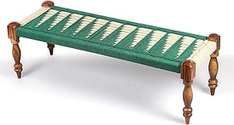 Ikiriya Hamilton Sheesham Wood 2 Seater Maachi Bench | Patio Bench in Green & White Rope Canning (4 Feet Width; 1 Yr. Warranty) - 48 x 17 x 16 Inch