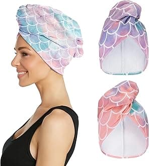 Super Absorbent Microfiber Hair Towel Wrap - Hands Free Hair Drying Towel - 2 Pack (Mermaid)