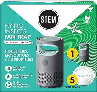 STEM Flying Insect Fan Trap for Indoor Bug Control, Attracts Mosquitoes, Fruit Flies, and House Flies, Plug-in Fan with UV Light, Starter Kit Includes 1 Device and 5 Glue Traps