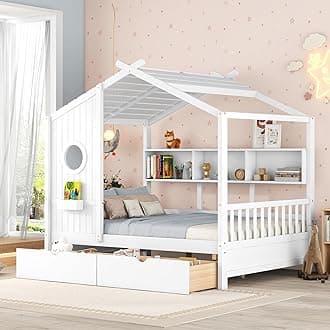 Linique Wooden Full Size House Bed with 2 Drawers and Storage Shelf,Full Platform Bed Frame with Pitched Roof,White