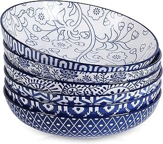 Porcelain 26 Ounce Pasta Bowls Set of 6, 8 inch Wide and Shallow Salad Bowls, Serving Bowls, Microwave & Dishwasher Safe, Sturdy & Stackable, Vintage Blue