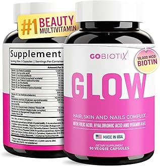 Hair Skin and Nails Vitamin Supplement - 10000mcg Biotin Pills with Hyaluronic Acid, Folate, Iron, Magnesium, and Zinc - Collagen Production, Hair Growth - 30 Servings