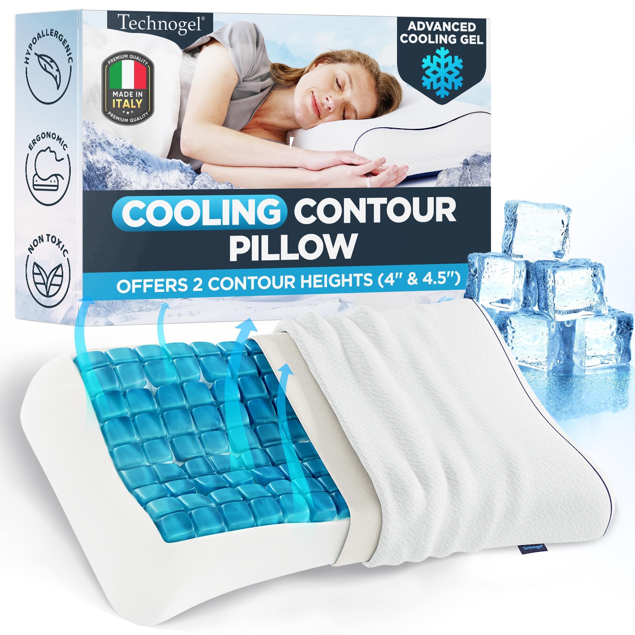 Technogel Contour Pillow with Cooling Gel – Ergonomic Neck, Shoulder and Cervical Support – Memory Foam with Temperature Regulation – for Back, Side Sleeper - Dual Heights Design, (4" & 4.5")