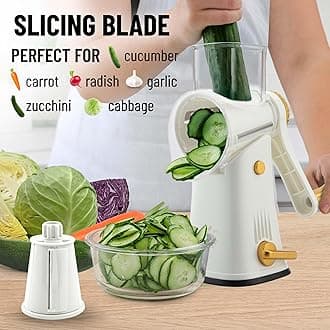 - Zulay Kitchen Rotary Cheese Grater 5 Blade Cheese Shredder - Manual Hand Crank Cheese Grater With Reinforced Suction & 5 Interchangeable Drums - Easy to Use, Vegetable Chopper Round Mandoline Slicer