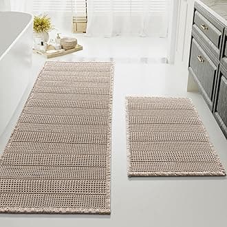 Waffle Bath Mat Super Absorbent Bathroom Mats Non Slip Bath Rugs for Bathroom Floor Machine Washable Ultra Soft Bathroom Rugs for Beside Tub, (32 x 20 Plus 24 x 60 - Inches, Irish Cream)