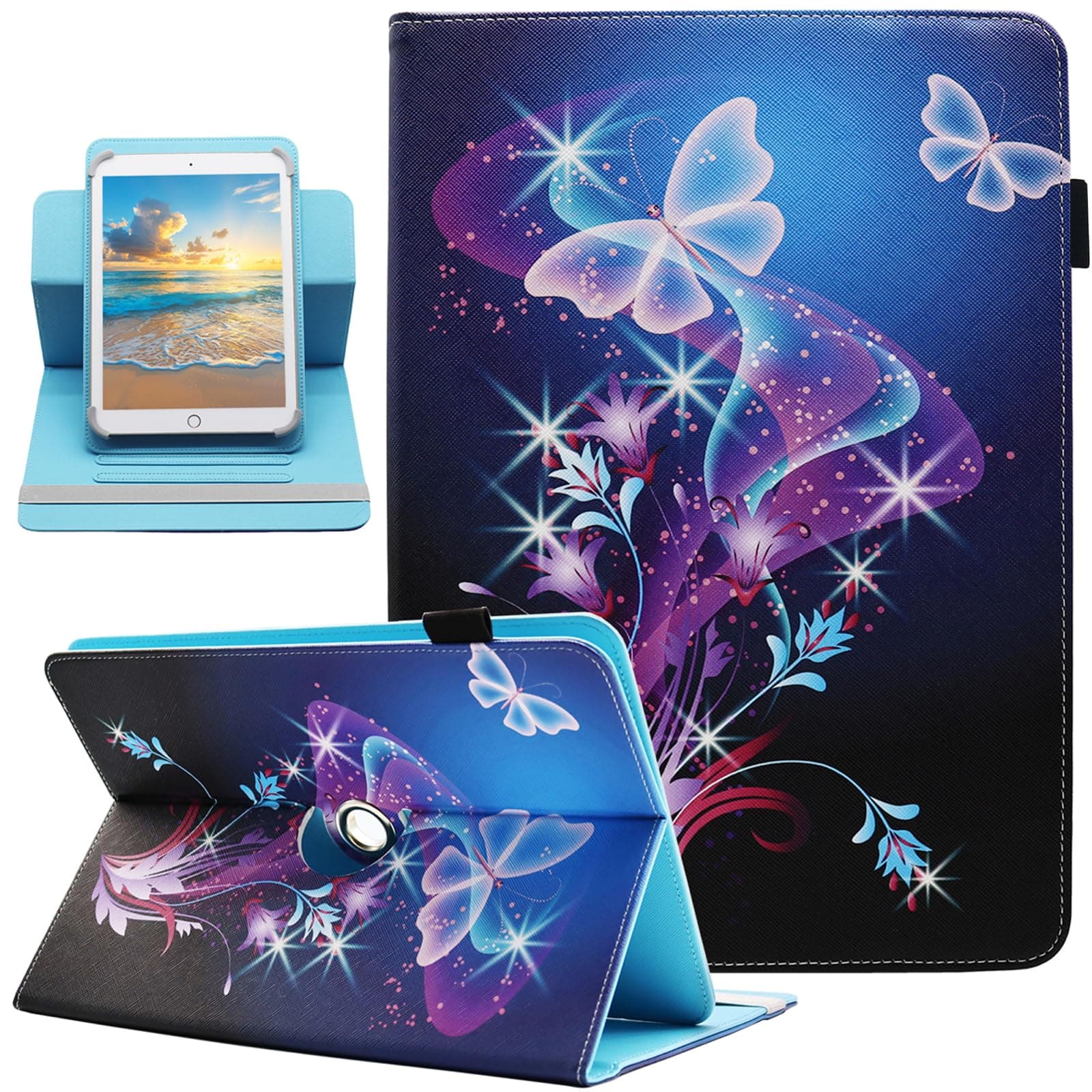 Universal 10 10.1 Inch Android Tablet Case, 360 Degree Rotating Multi-Angle Viewing Stand Universal Case Cover for 10 10.1 and All 9.5-10.5 Inch Tablet, Shiny Butterfly