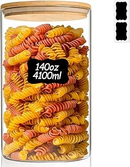 ComSaf Glass Jar with Airtight Lid (140 oz/4 liter/1.1 Gallon), Pasta Storage Container with Bamboo Lid, Large Glass Jars with Lids for Food, Pantry Storage Jar