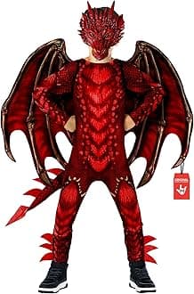 Morph Red Dragon Costume Child - Dress with Wings and Mask for Halloween, Carnival and Children's Dinosaur Themed Parties, M