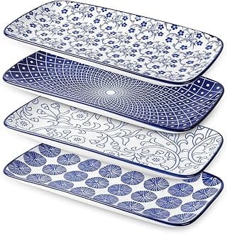 Selamica Ceramic Rectangular Salad Plates Set, Dinner Plate 9.4 Inch Dessert Plates for Party Entertaining, Small Serving Plates for Appetizers, Sushi, Fruit, Set of 4, Vintage Blue