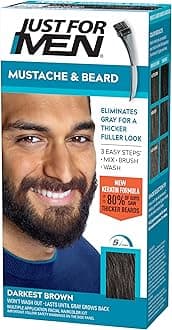 Mustache & Beard, Beard Coloring for Gray Hair with Brush Included, With Keratin Biotin Aloe and Coconut Oil for Healthy Facial Hair - Darkest Brown, M-50 (Packaging May Vary)