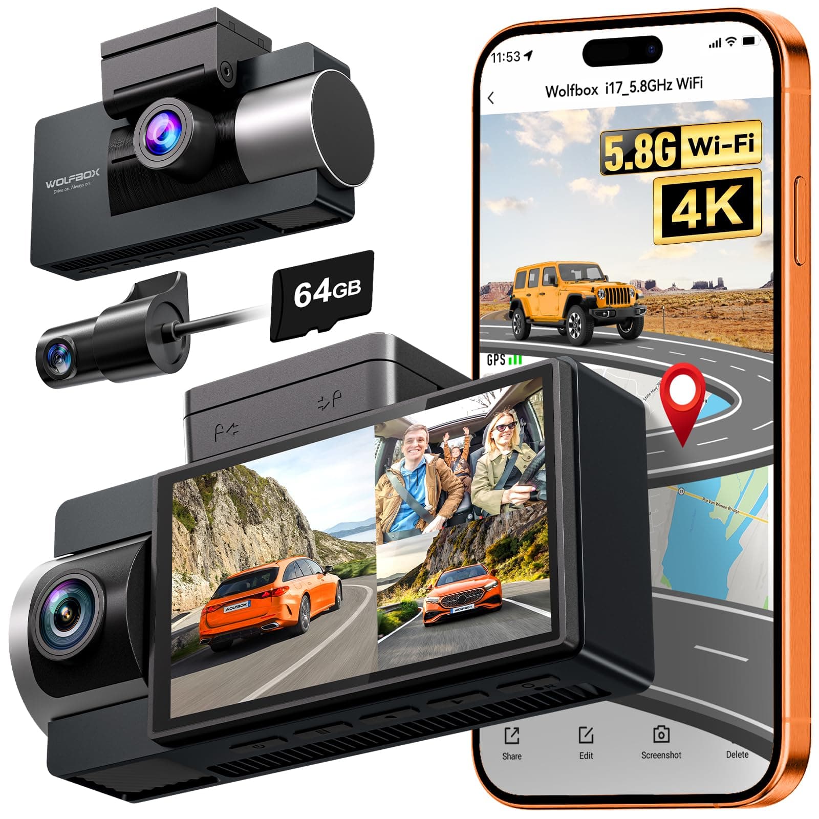 WOLFBOX i17 4K 3 Channel Dash Cam, 5.8GHz WiFi & GPS with 64GB Card, 4K+1080P+1080P Dash Cam Front and Rear Inside, Triple Car Camera with 3 Inch Screen, IR Night Vision, WDR, 24H Parking Mode
