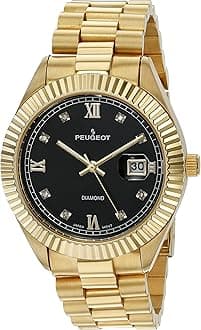 14K Gold Plated Diamond Luxury Dress Watch with Fluted Bezel and Calendar