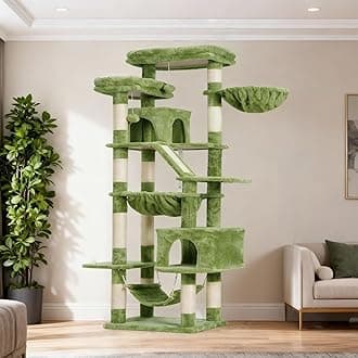 Heybly Cat Tree, 71-Inch Tall Tower for Indoor Cats with 2 Perches, 2 Big Condos, 2 Hammocks, Basket, Scratching Pad, Large Cat Furniture and Condo, Green HCT034GR