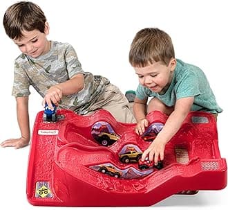 Simplay3 Monster City Extreme Wheels Car Race Track Table - Red Portable 2 Sided Kids Play Table with 2 Monster Race Trucks - Made in USA