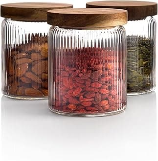 Set of 3 Fluted Glass Jar with Wooden Lid 16.9oz | Airtight Ribbed Glass Storage Container for Food, Pasta, Coffee, Candy, Dog Treats, Snacks | Glass Organization Canisters for Home & Kitchen