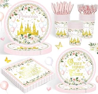 120PCS Princess Party Supplies for Girls Kids Baby Shower 1st Birthday Fairytale Castle Themed Party Decorations Once Upon A Time Tableware Set Plates Napkins Cups Set for 20 Guests
