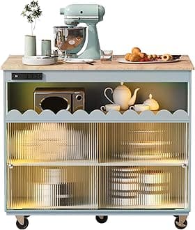 LUMISOL Kitchen Island with Power Outlet, Rolling Kitchen Cart Table with LED Light and Thicker Drop Leaf, Kitchen Storage Island with 2 Sliding Fluted Glass Doors, Grey Blue