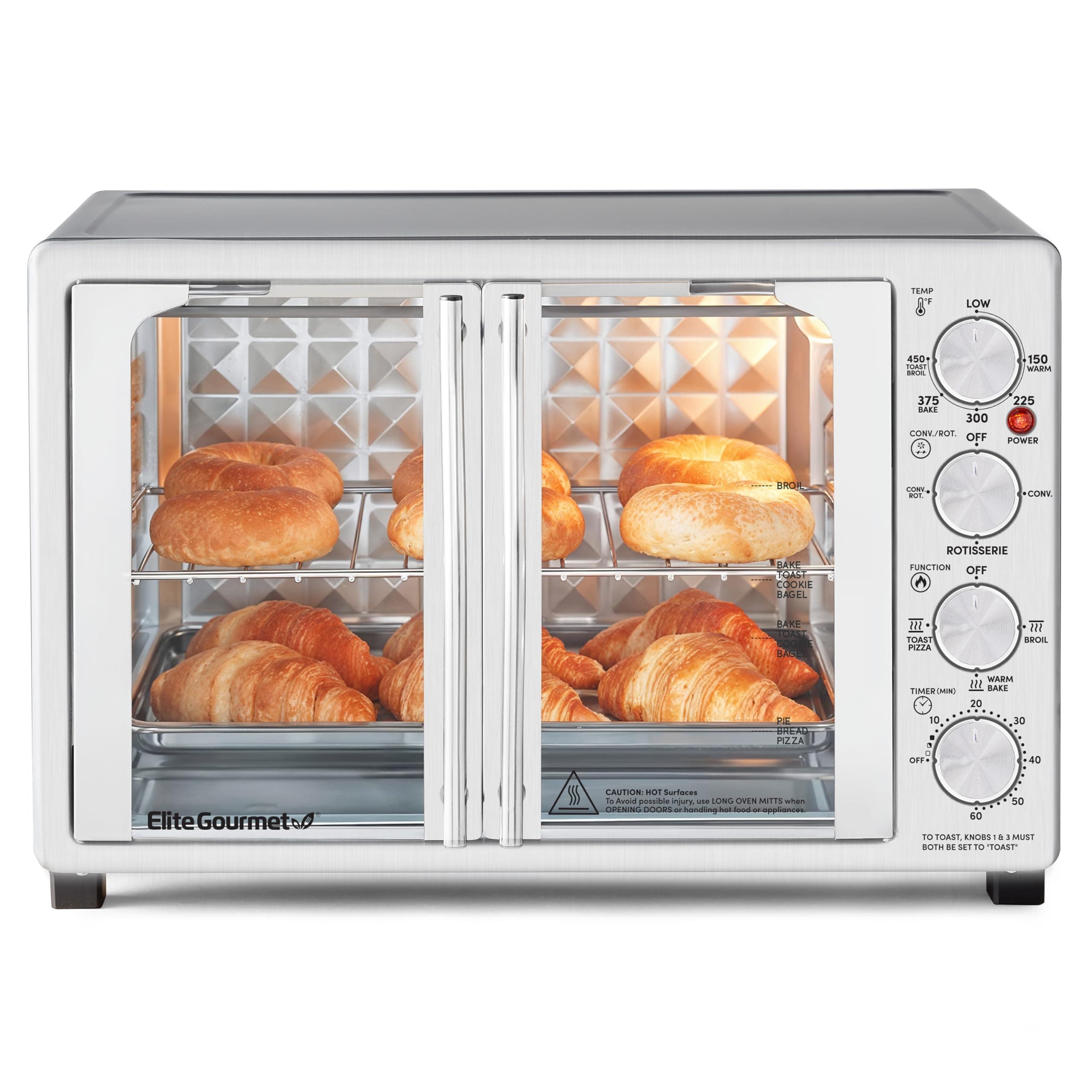 Elite Gourmet ETO4524 45L Countertop Convection Toaster Oven, French Doors, Adjustable Temperature & Timer, Bake, Roast, Broil, Toast, Includes Baking Pan, Rack, Rotisserie, Stainless Steel