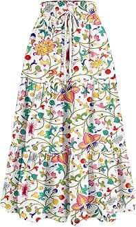 Maxi Skirts for Women Summer Boho Floral High Waisted Skirts Flowy Swing Pleated A-Line Beach Tiered Long Skirts