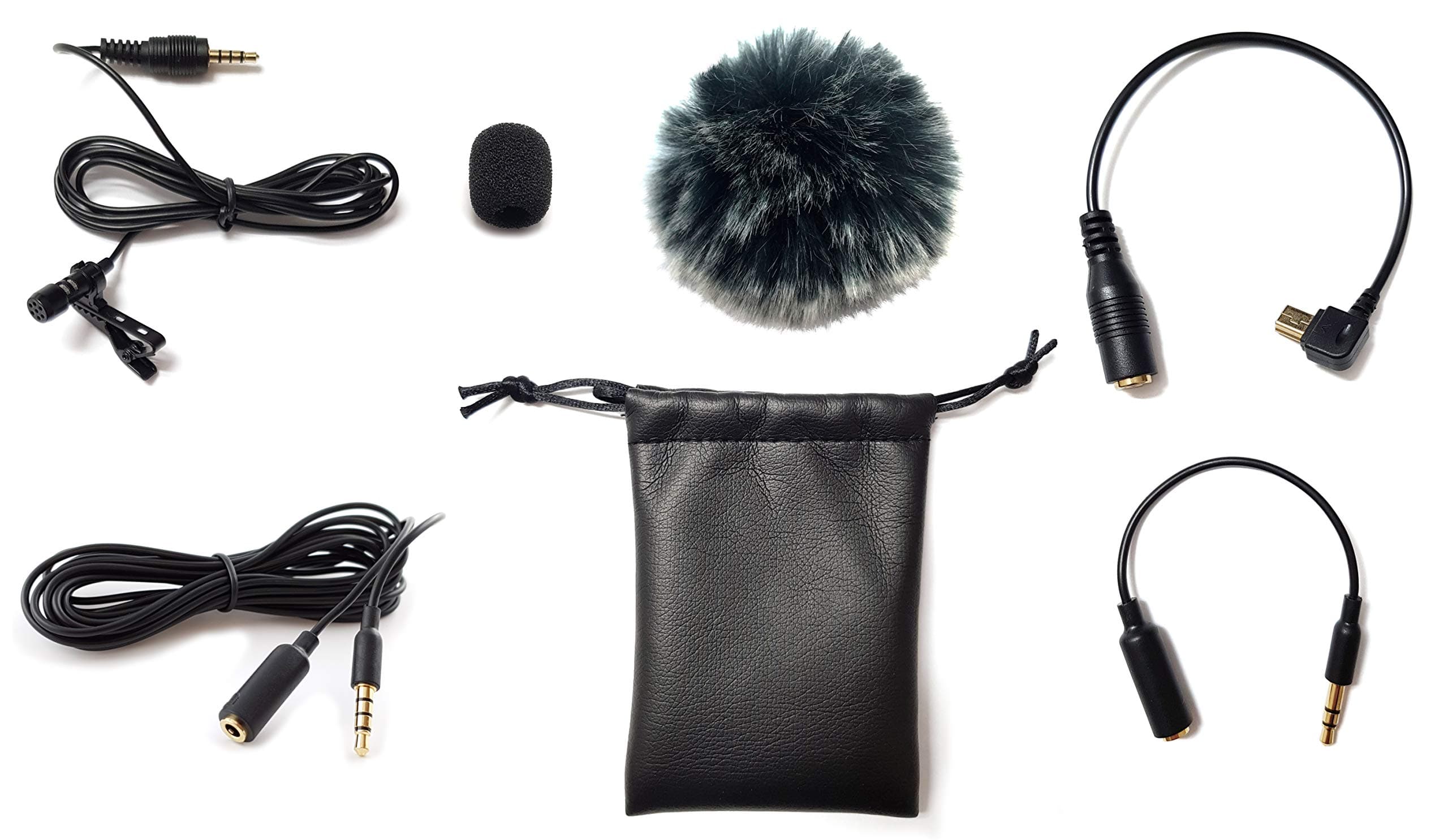 Mind-Care-Essentials professional lavalier microphone, complete set including Mini fur windscreen TRRS cable and TRS adapter, compatible with Gopro 3/3+/4+ smartphone (iPhone and Android) and tablet, DSLR camera, camcorder, clip-on microphone