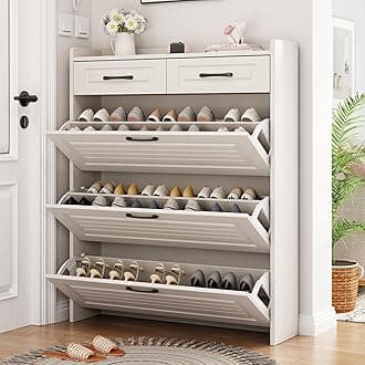 ODUWA Shoe Cabinet for Entryway,White Slim Shoe Storage Cabinet with 3 Flip Drawers and 2 Storage Drawers,Narrow Shoe Storage Cabinet Organizer for Entryway, Hallway, Living Room