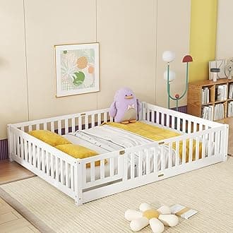 Queen Size Floor Bed with Door and Fence for Kids, Montessori Floor Bed with Slats and Safety Guardrails,Solid Wood Floor Bed Frame Queen Size for Girls Boys(Queen,White)