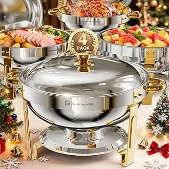 WARMOUNTS Round Chafing Dishes for Buffet 4 Pack, 5QT Gold Stainless Steel Chafers and Buffet Warmers Sets with Lid Holder, Rolled Rim Process, Stackable Design, for Catering, Parties, Weddings