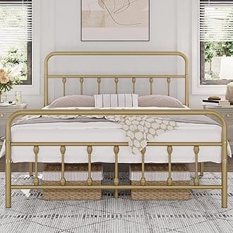 Yaheetech Classic Metal Platform Bed Frame Mattress Foundation with Victorian Style Iron-Art Headboard/Footboard/Under Bed Storage/No Box Spring Needed/Queen Size Antique Gold