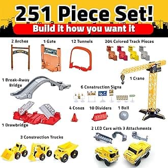 USA Toyz Snap Trax Construction Set Race Tracks and LED Toy Cars - 248 Pk STEM Building Toys Car Race Tracks Set with Bendable Race Car Track for Boys Girls, 3 Trucks, and 2 Light Up Toy Cars for Kids