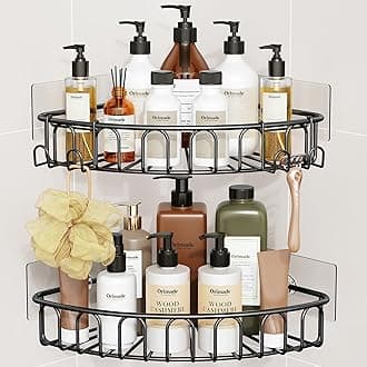 Corner Shower Caddy Stainless Steel with Hooks Wall Mounted Bathroom Shelf Storage Organizer Adhesive No Drilling 2 Pack, Black Only for 90-Degree Corner