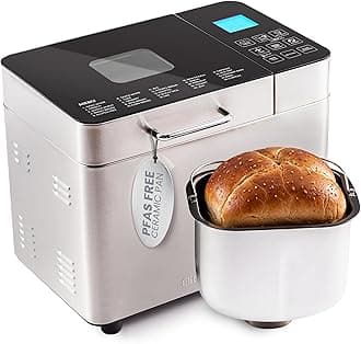 EBM8224MM Programmable 2 Lb. Bread Maker, PFAS free Ceralast™ Ceramic Pan, Touch Screen Control Panel, 19-Functions, Gluten Free, White, Wheat, Rye & more, 3 Loaf Sizes, Stainless Steel