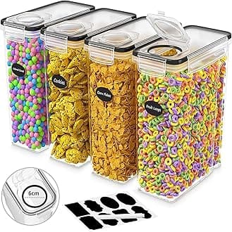 4 Pack Airtight Cereal & Dry Food Storage Container - Airtight Leak-proof & BPA Free Plastic Kitchen and Pantry Organization Canisters for Flour, Sugar, Rice, Nuts, Snacks, Pet Food (4 Liter)