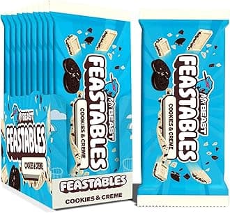 MrBeast Feastables Cookies & Creme Chocolate Bar, King Size, 10 Count, White Chocolate with Cookie Pieces, Fairtrade Cocoa, 2.1oz Each
