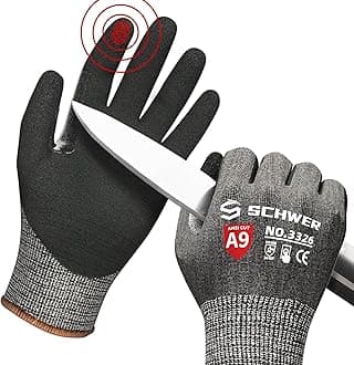 Schwer Cut Resistant Gloves Level 9, Touchscreen, Sandy Nitrile Coated Safety Work Gloves With Grip, for Handle Glass, Detect Metal, HVAC, Warehouse, Construction,Wood Work, Automotive,Black
