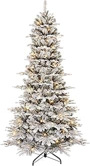 7.5ft Pre-Lit Slim Flocked Aspen Fir Christmas Tree with 450 Clear Lights, 1016 Realistic Dense Snow Flocked Branch Tips, Easy Setup Artificial Trees with Sturdy Metal Stand