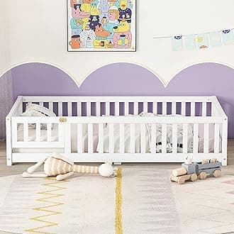 Twin Floor Bed Frame with Slats and Safety Guardrail, Wood Twin Size Montessori Floor Bed with Door and Fence, Easy Assemble Montessori Beds for Kids, Girls, Boys, White