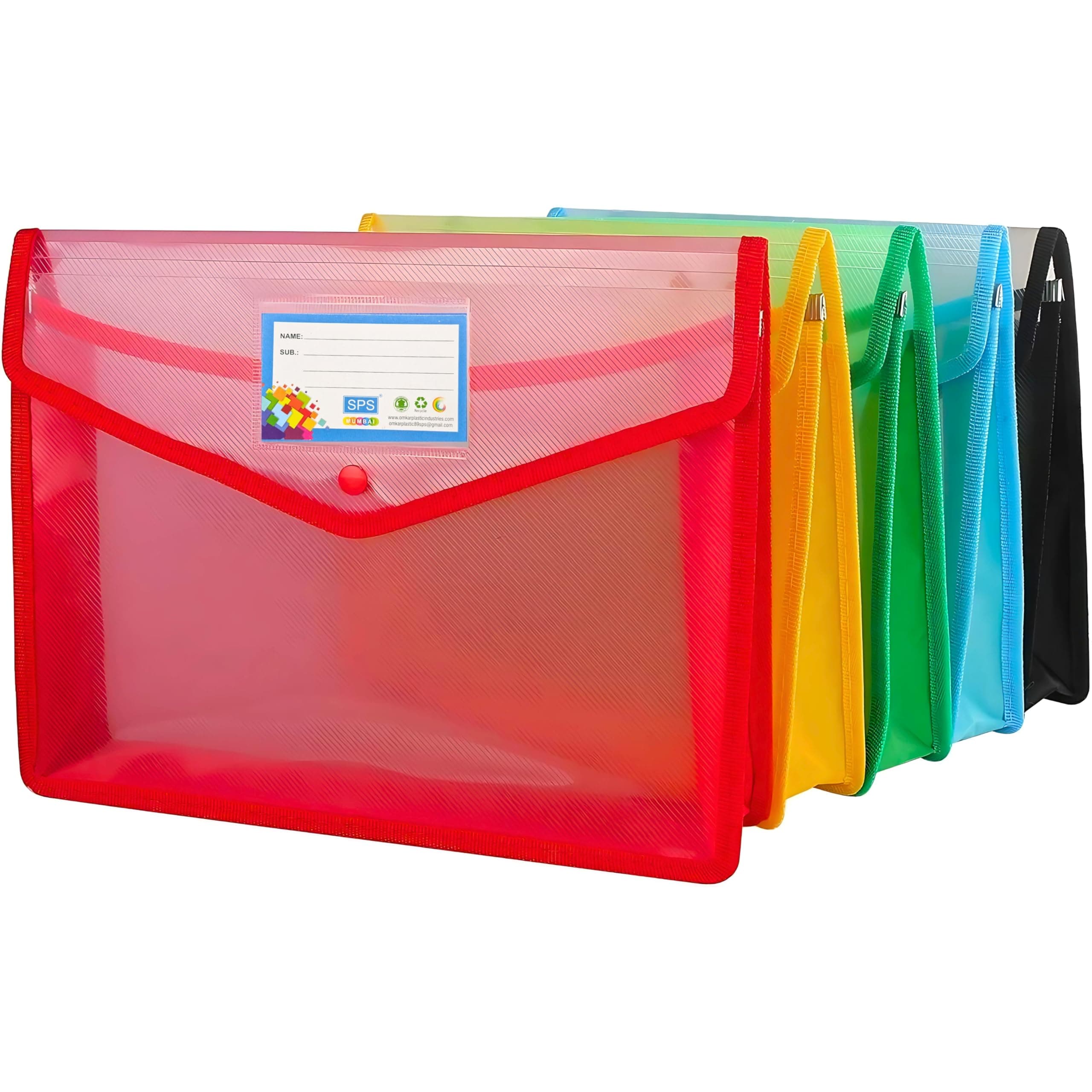 SPS Presents Envelope Folder,Transparent Poly-Plastic A4 Documents File Storage Bag with Snap Button Set of 5/Certificate File Folder