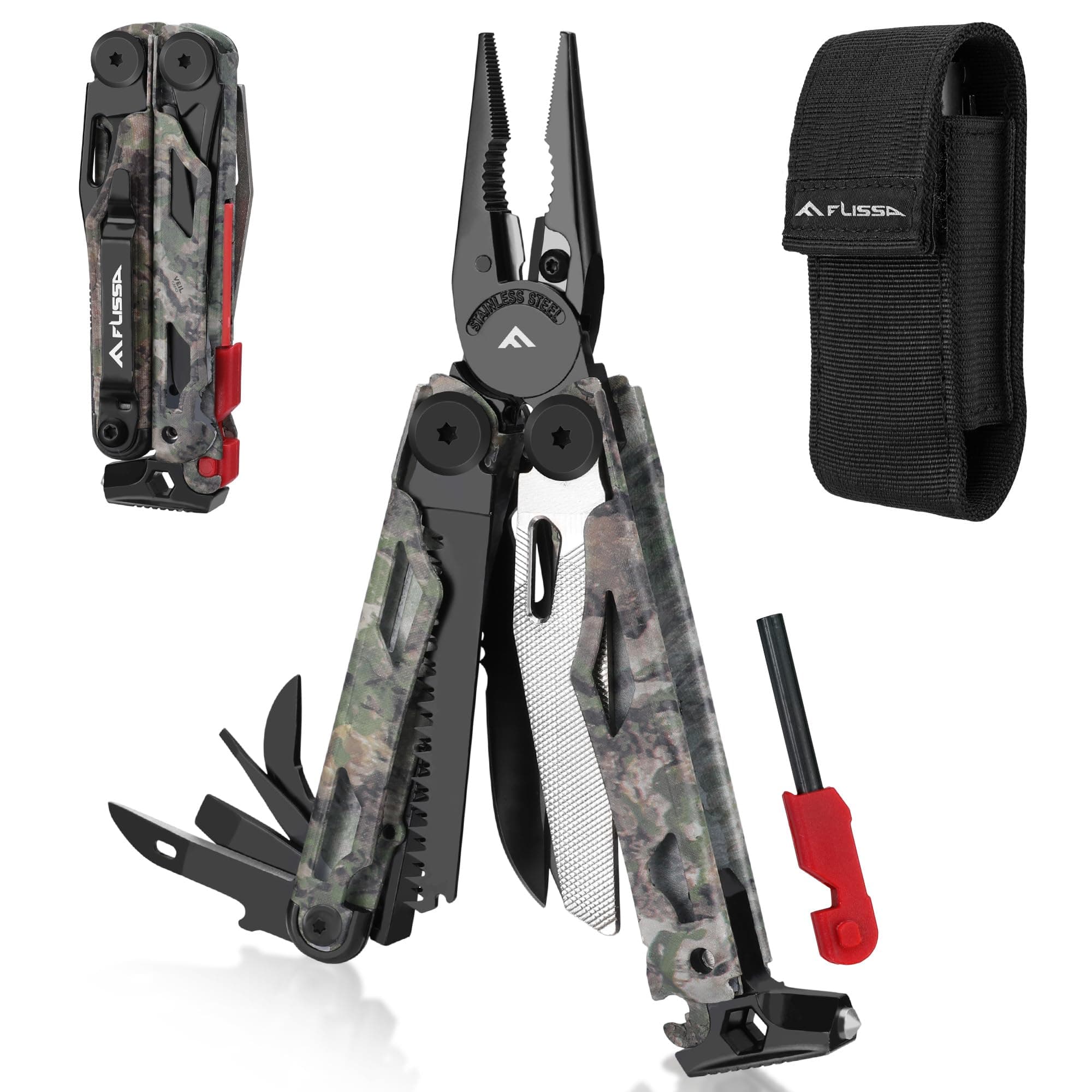 FLISSA Multitool, 18 in 1 Camo Multitool Pliers with Fire Starter, Window Breaker, Whistle, Stainless Steel EDC Gear with Sheath - Perfect for Survival, Simple Repair, Camping