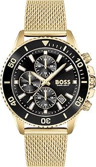 BOSS Admiral Qtz Fashion Chrono Black Round Dial Men's Analog Watch|Ionic Plated Thin Gold Steel Material|Gold Color Band - 1513906