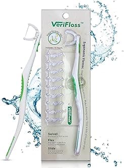 VeriFloss Dental Flosser with 10 Head Refill - Teeth Flossers for Adults & Kids, Flossing Tool - Ergonomic Design w/360° Swivel Head, Glide Lock - Reusable Floss Picks, Cleaning Kit - VeriFresh