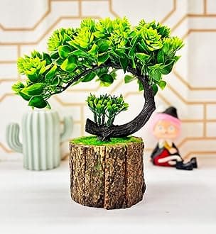 Artificial Bonsai Tree Fake Plant Potted House Plants Japanese Pine Bonsai Plant Faux Bonsai for Home Indoor Decoration Office (Height : 21CM, Wooden Pot, Green-E)